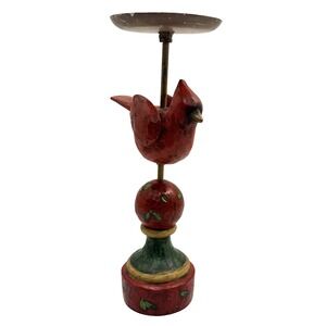 Vtg Folk Art Style Cardinal Bird Candle Holder Red Green Christmas Holly 10"
